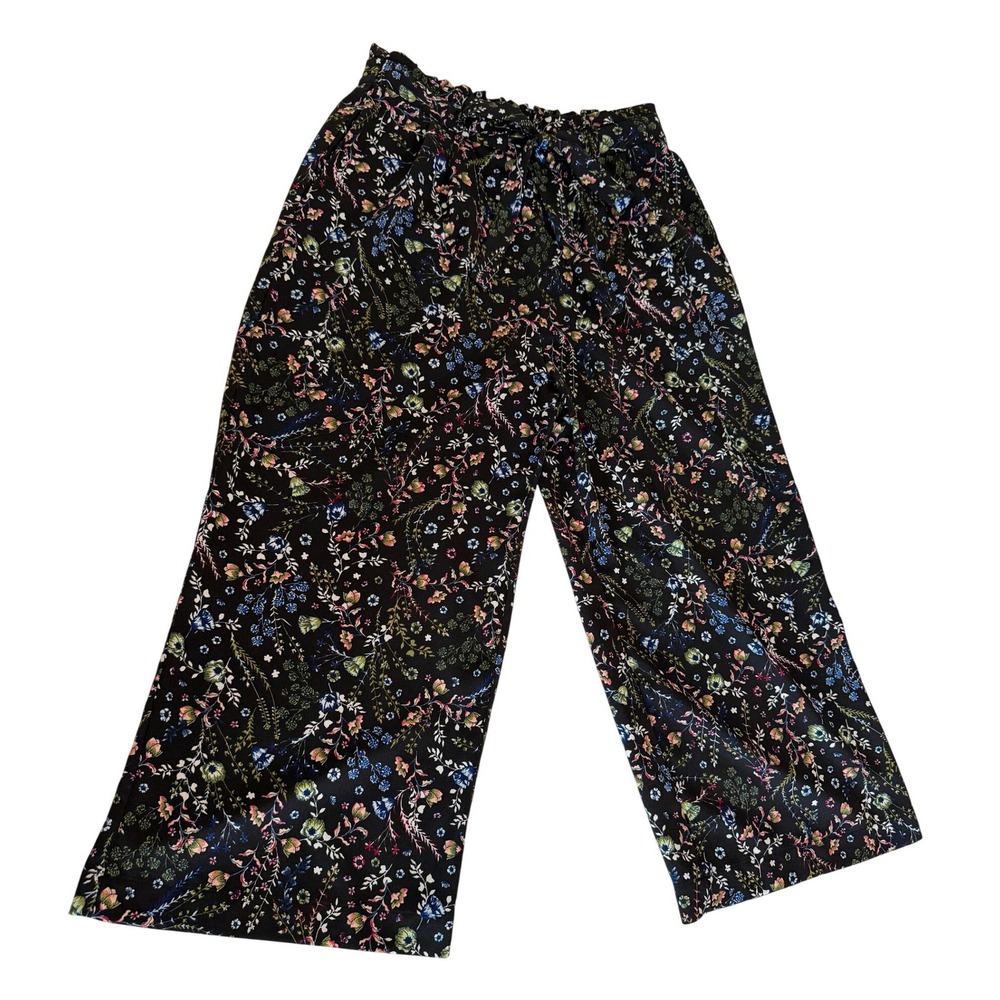 DR2 Black Multi Floral Wide Leg Pants with Tie Belt Small